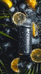Refreshment Concept with Black Slimline Drink Can Among Ice and Lemon Slices