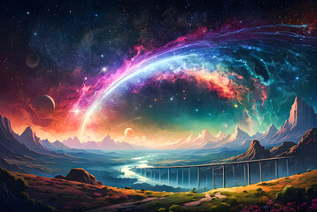 A cosmic landscape with colorful nebulae, swirling galaxies, and a rainbow bridge stretching across the stars vector art illustration image.

