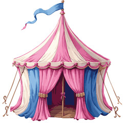 A colorful circus tent with pink and blue curtains
