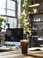 Iced Black Coffee on Modern Workspace Desk with Computer