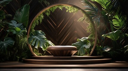 Fototapeta premium A bench among plants with large green leaves. Generative AI