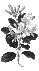 black and white illustration of Honeysuckle, vintage botanical style, white background