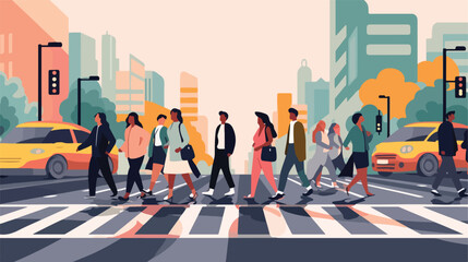 People at crosswalk flat vector illustration. Urban - obrazy, fototapety, plakaty