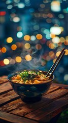 Delicious Steaming Ramen Bowl on Rustic Table at Night