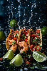 Fresh Shrimp Tacos with Tomato and Lime in Dynamic Water Splash