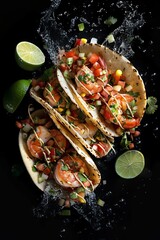 Three Shrimp Tacos With Fresh Salsa and Lime on Black Background