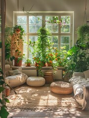 Sunlit Indoor Garden: Cozy Living Room Filled With Green Plants