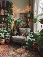 Cozy Living Room Filled With Lush Green Plants and Warm Lights
