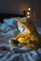 Adorable White Cat in Yellow Costume Using Smartphone