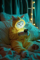 Cute White Cat in Yellow Costume Using Smartphone in Bed