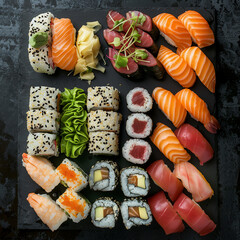 Detailed Photo of Sushi Platter with Assortment of Nigiri and Rolls, Featuring Salmon, Tuna, and Eel