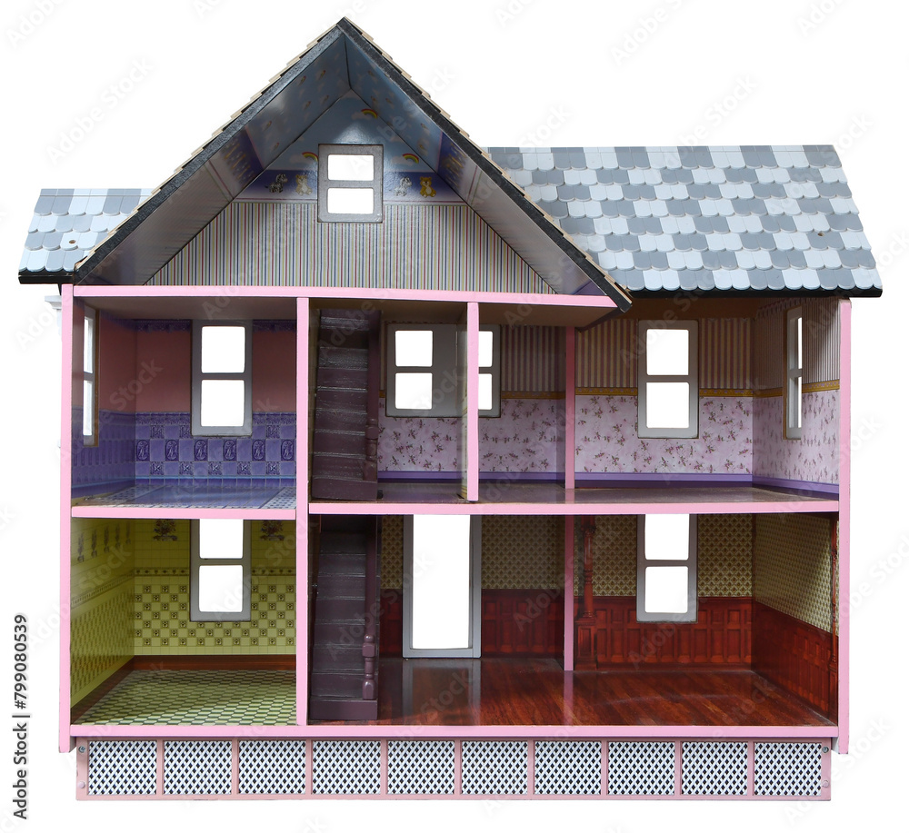 Wall mural open front elevation showing the interior of an empty colorful dolls house complete with attic room 