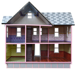 open front elevation showing the interior of an empty colorful dolls house complete with attic room...