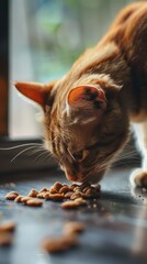 Orange Tabby Cat Eating Dry Food by a Sunny Window