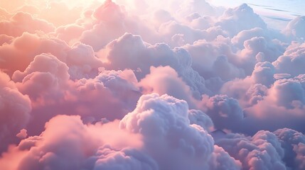 Ethereal 3D cloud forms, soft pinks and whites, diffuse light, aerial view
