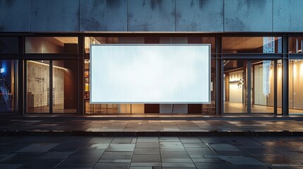 Wide blank billboard mock up in a storefront building city at night. Generated AI image