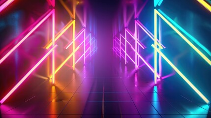 Abstract background of arrows facing each other to leave or enter a room in neon colors