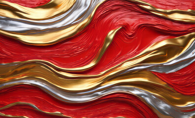 Holographic red, gold and silver impasto abstract liquid acryl background. Gradient colors with foil effect in trends