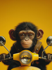 cute monkey chimpanzee riding a scooter in yellow background