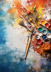 An artistic still life of paintbrushes and flowers on a colorful abstract painted background
