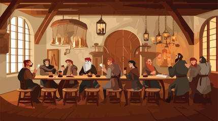 People drinking alcohol in medieval tavern. Drunk m - obrazy, fototapety, plakaty