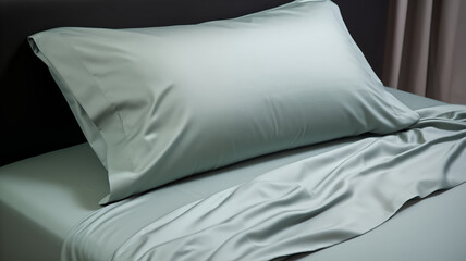 A single satin pillow rests on a bed with matching sheets, capturing a serene and comfortable sleeping environment.
