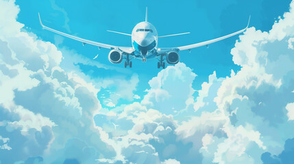 Airplane Descending Through Fluffy Clouds in a Bright Blue Sky