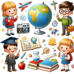 Vector drawing of student children, school supplies and toys on white background. AI generated. - obrazy, fototapety, plakaty