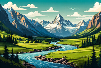A picturesque mountain landscape with snow-capped peaks and a winding river flowing through lush green valleys vector art illustration image.

