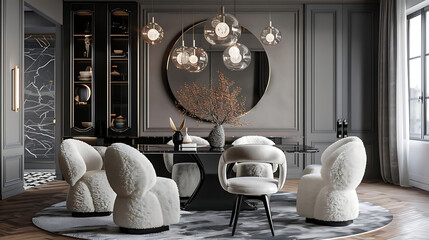 elegant dining room with sculptural dining chairs, featuring a black table adorned with a white vas