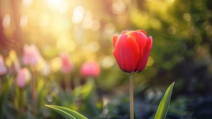 Fototapeta premium Red tulip stands out in flower field