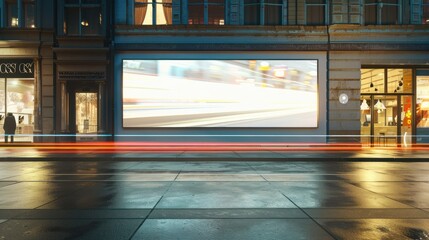 Wide blank billboard mock up in a storefront building city at night. Generated AI image