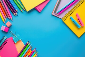 A blue background with a bunch of colorful school supplies including pencils - obrazy, fototapety, plakaty