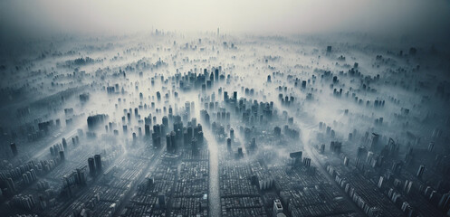 Dense Smog Over City High Rises at Dawn with Copy-Space