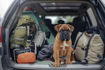 Summer road trip with pet, A dog sitting in car trunk with luggage ready for a vacation trip - obrazy, fototapety, plakaty