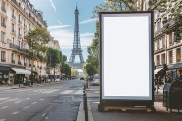 Empty Vertical space advertisement billboard for Olympic Games in Paris on summer, Mockup billboard - obrazy, fototapety, plakaty