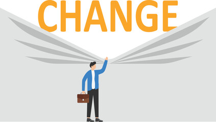 businessman pulling down curtain for word change, business innovations or new strategy vector concept

