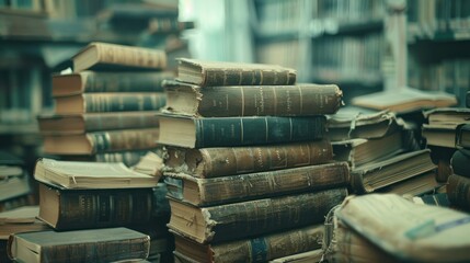 Old books stack in the Library with vintage style. AI generated image
