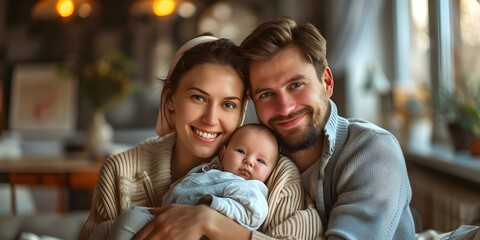 Obraz premium New Parents Bonding with Newborn Baby in Cozy Home Setting