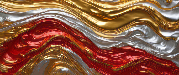 Holographic metallic liquid red, gold and silver impasto abstract acryl background. Gradient colors with foil effect in trends