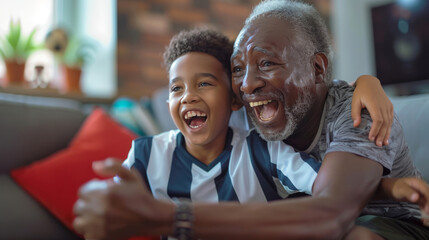 Grandfather and grandson enjoying soccer game on TV together