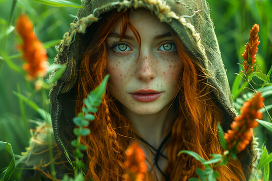 red-haired woman in druid green tunic