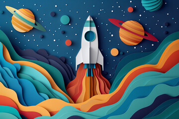 children's wallpaper for children's room with rockets and planets