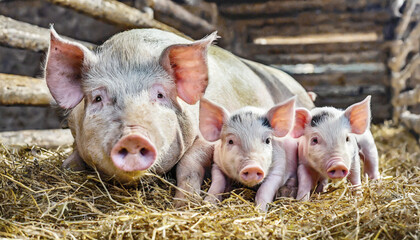 Piglets with their mother pig, laying on hay in a barn.