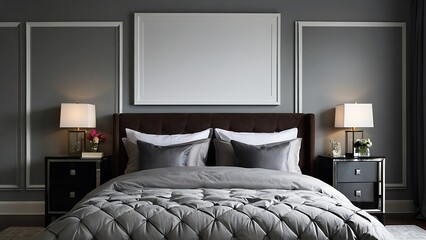 interior of modern bedroom with grey pillows on bed and blank poster