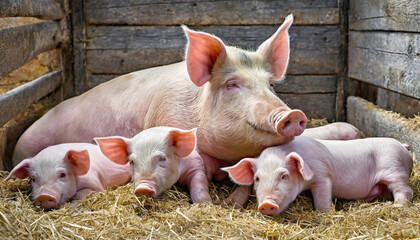 Sleepy piglets with a large pig in the barn resting.