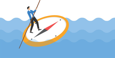 Fototapeta premium Businessman on compass boat representing path to success, Concept of career path and business direction, finding solutions, looking for opportunity