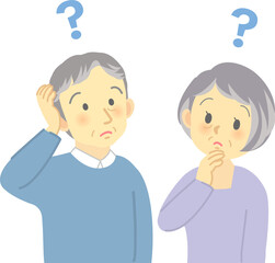 老夫婦が向かい合って困った表情で空を見上げて悩む場面　頭を掻く動作をするおじいさんとおばあさん
