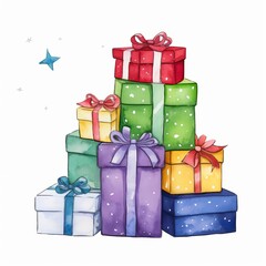 Obraz premium Christmas gifts watercolor, piled Christmas gifts watercolor