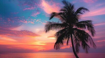 Fototapeta na wymiar Beautiful silhouette of tropical beach with palm tree with sunset sky background. Generated AI